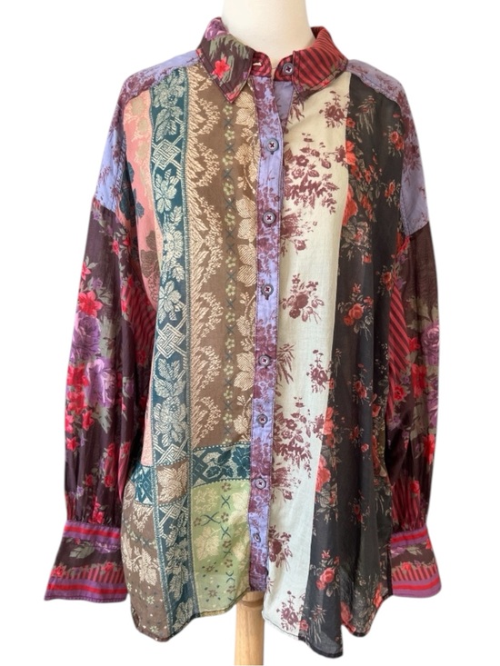 Free People Tops - Free People Flower Patch Mixed Media Patchwork Button Down Floral Top Blouse XL